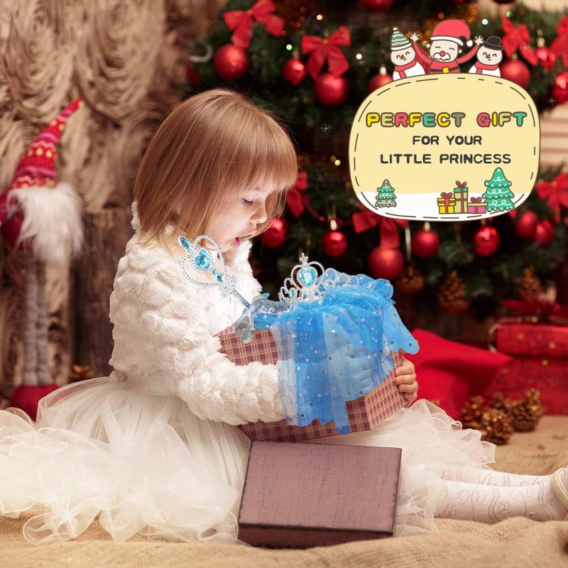 Fedio Princess Cape Set 7 Pieces Girls Princess Cloak with Tiara Crown, Wand for Little Girls Dress up (Blue) - Image 3